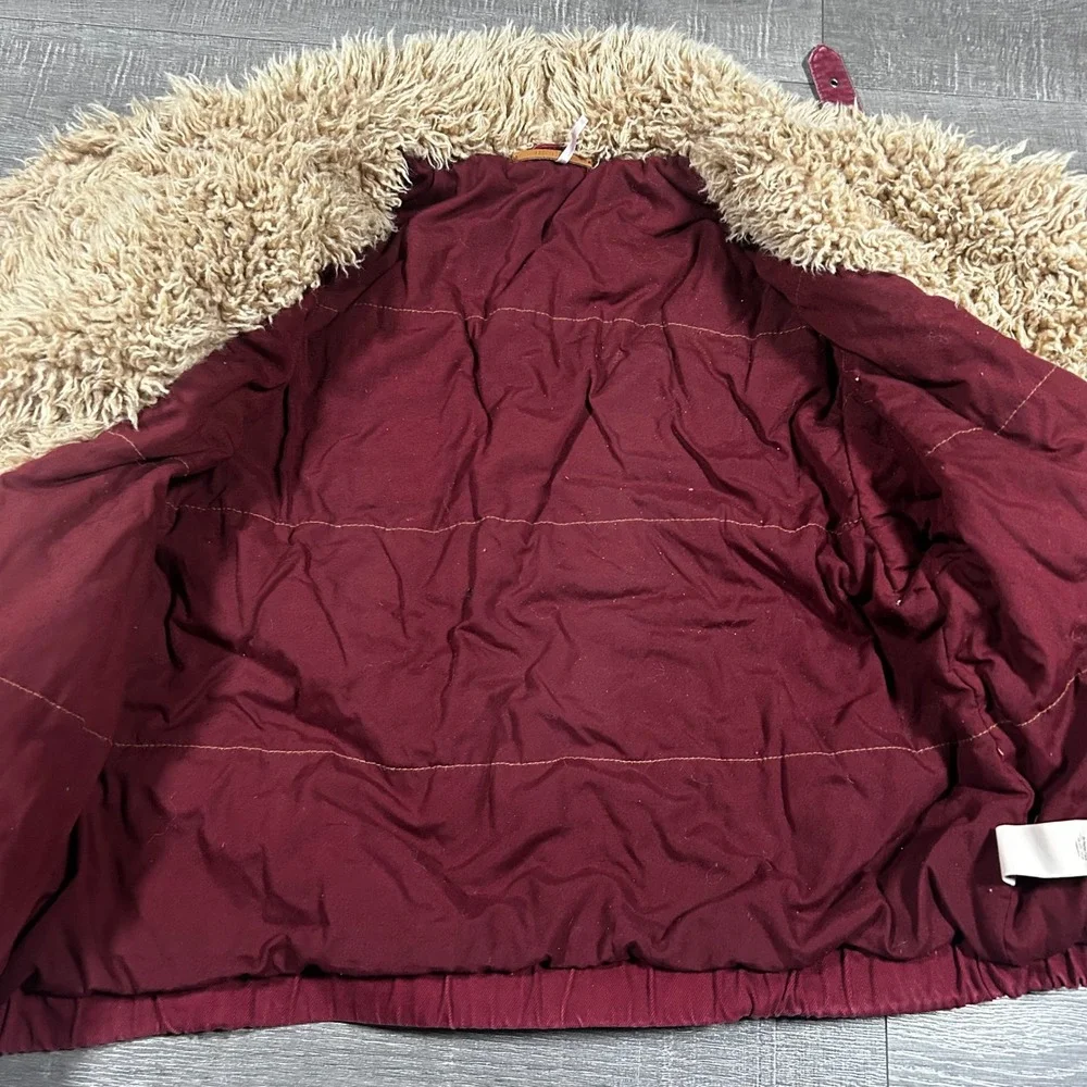 Free People Owen Sherpa Denim Jacket Wine Burgundy Faux Fur Trim OB822073 Size M - Picture 3 of 8